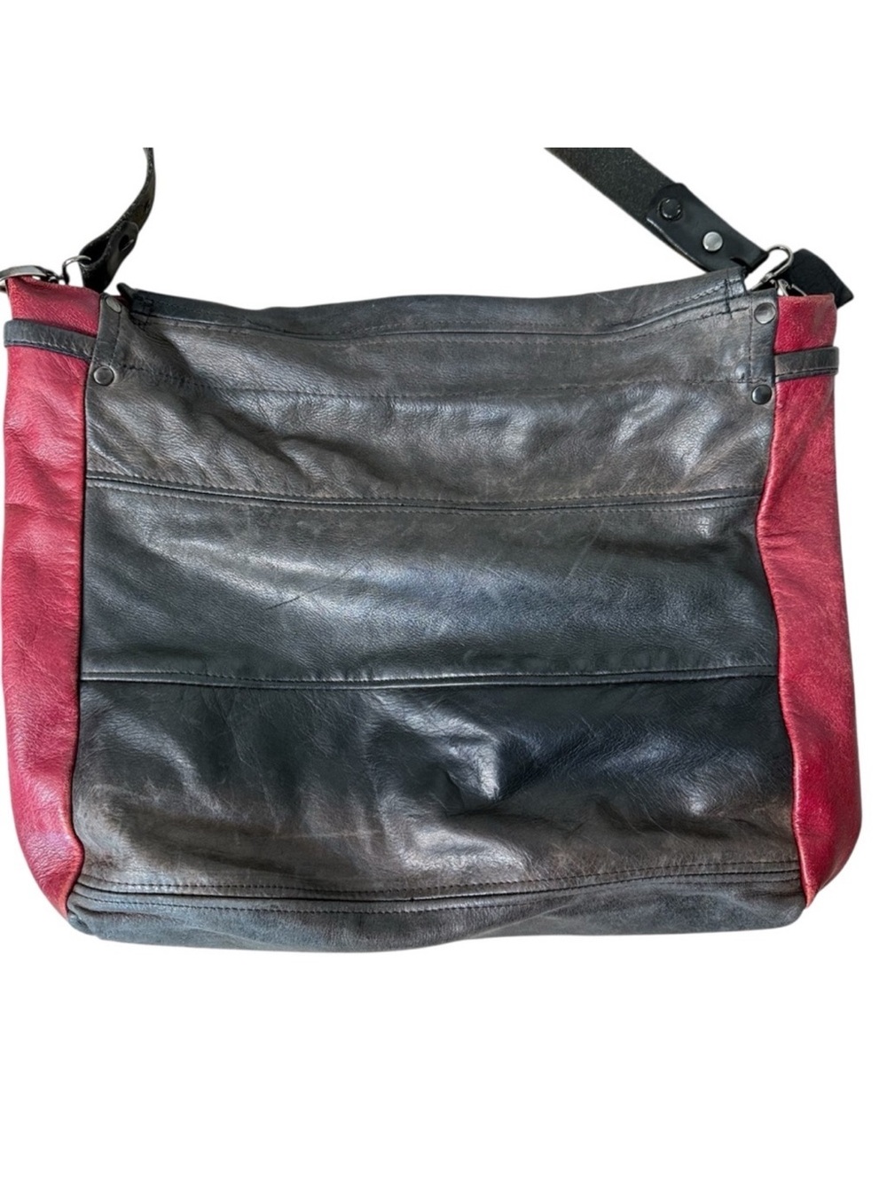 Genuine Leather Black Burgundy Crossbody Bag Messenger Slouchy Distressed Zipper